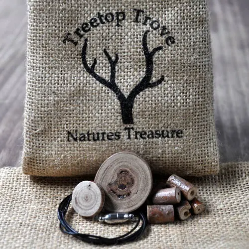 Hessian Treetop Trove bag with a necklace making kit of timber beads and slices