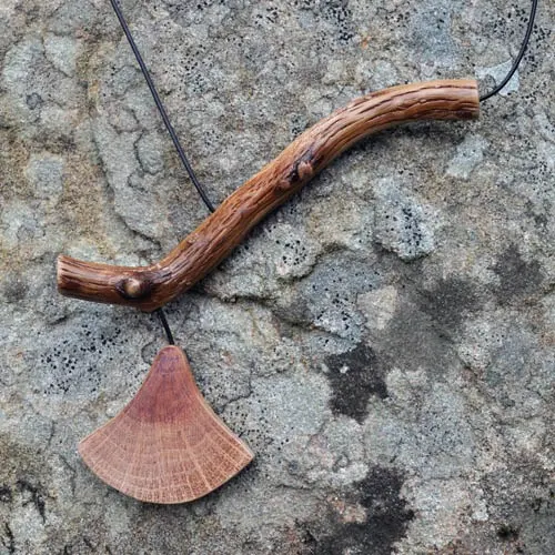 Wooden necklace made from a bent Forest Oak branch with a fan-shaped pendant